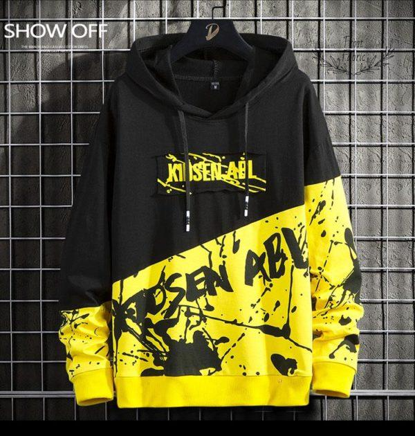 Bold Urban Graffiti Streetwear Hoodie - Black Yellow Splatter Design