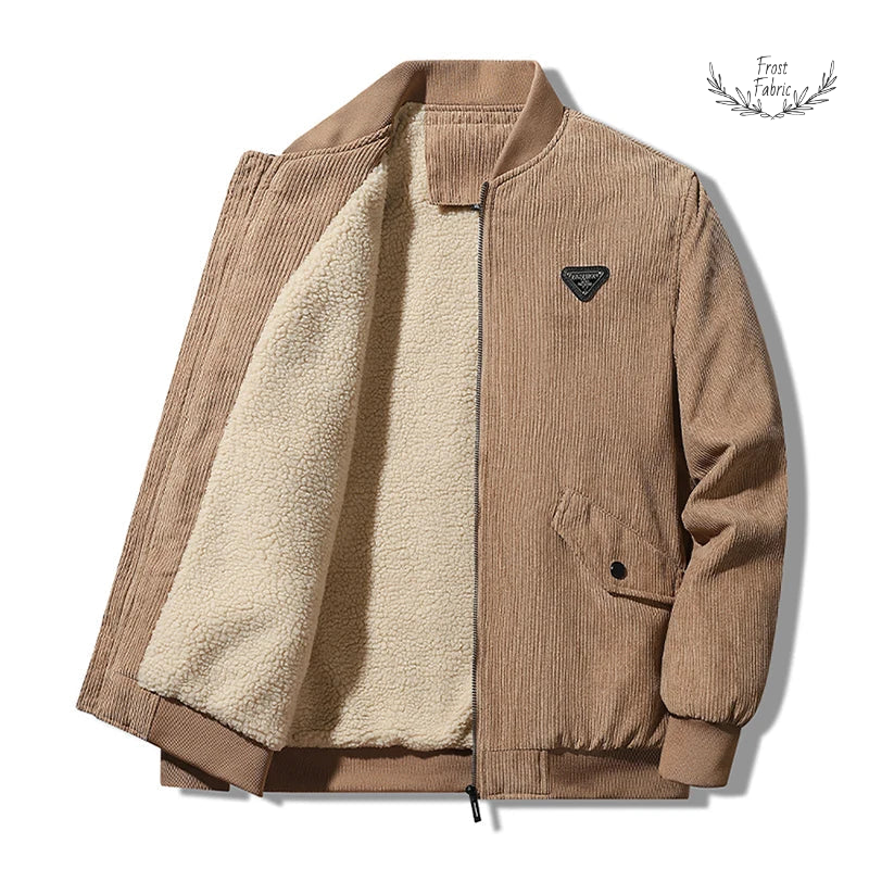 Camel Sherpa-Lined Corduroy Bomber Jacket for Cozy Winter Streetwear