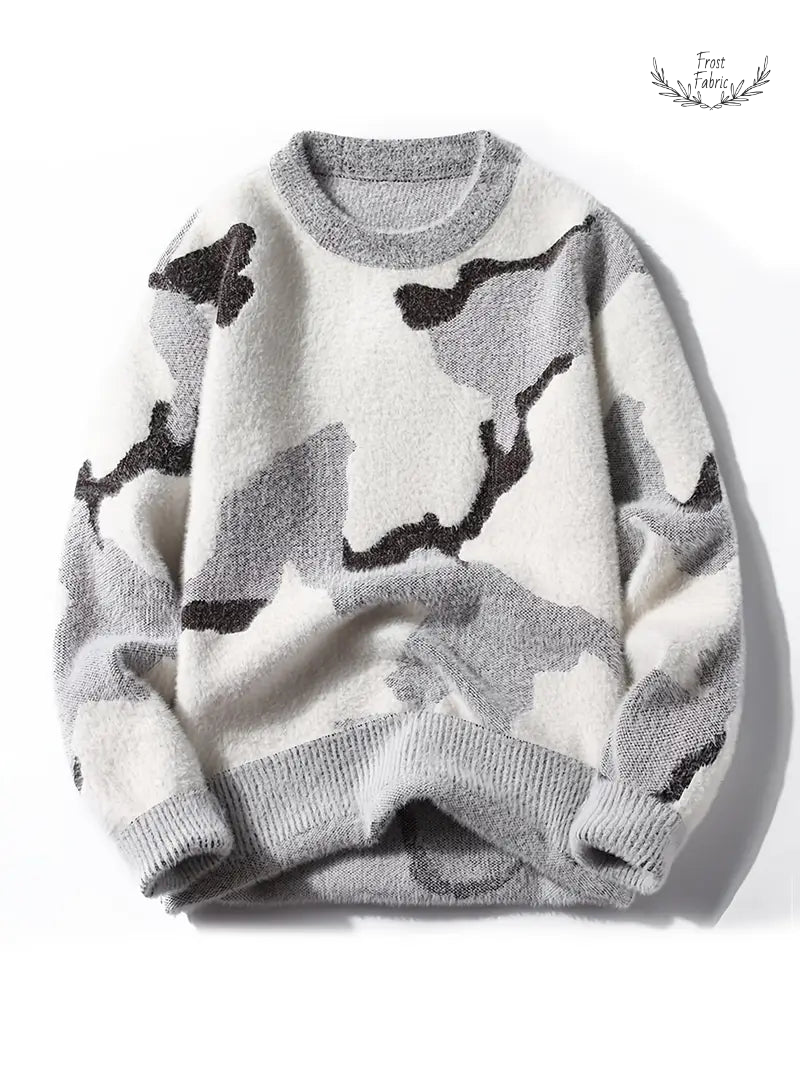 Cozy Fleece Camo Knit Sweater: Soft, Warm, Unisex Grey White Relaxed Fit