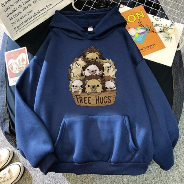Cozy Free Hugs Hedgehog Graphic Hoodie: Soft Animal Pullover for Comfort