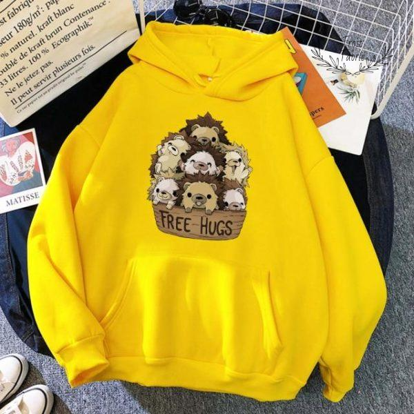 Cozy Free Hugs Hedgehog Graphic Hoodie: Soft Animal Pullover for Comfort