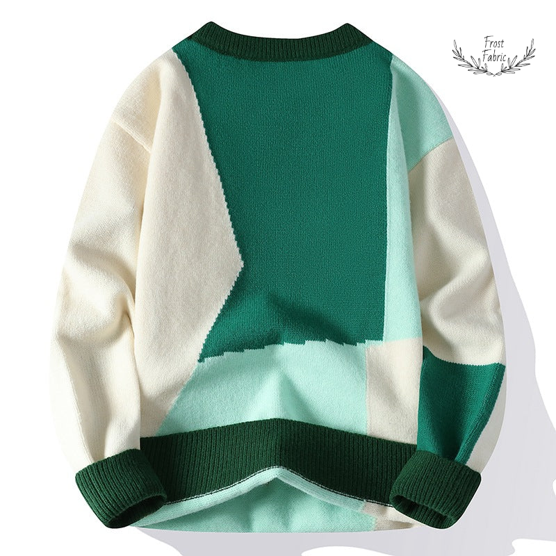Cozy Green Cream Patchwork Knit Sweater - Soft Unisex Geometric Winter Pullover
