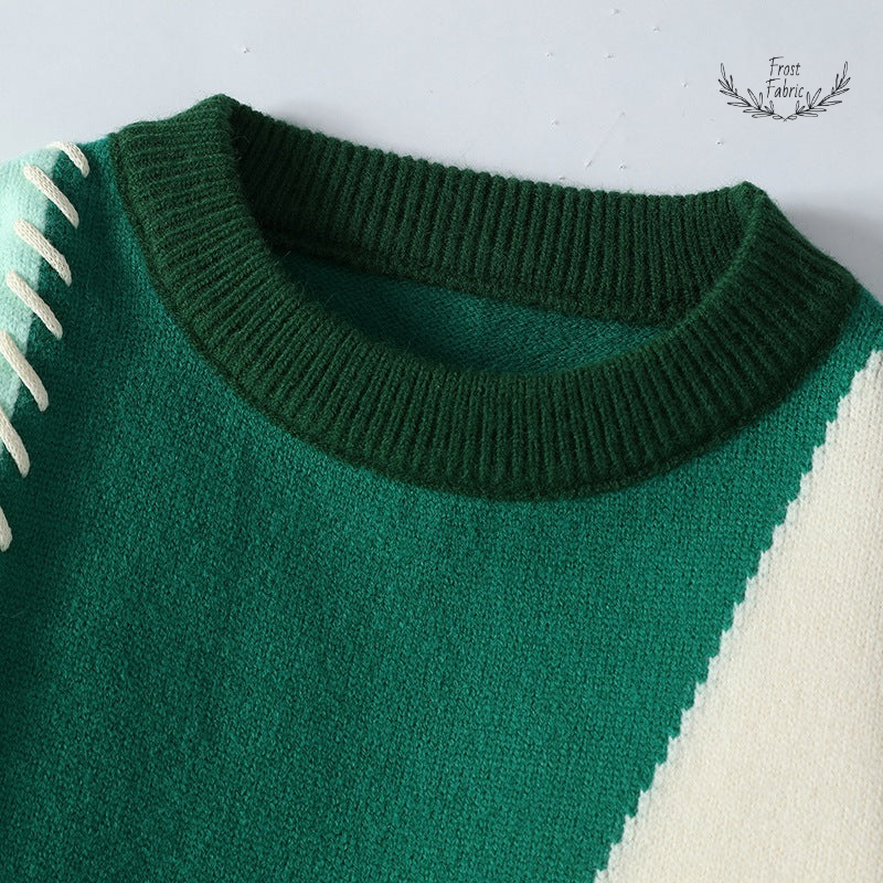 Cozy Green Cream Patchwork Knit Sweater - Soft Unisex Geometric Winter Pullover