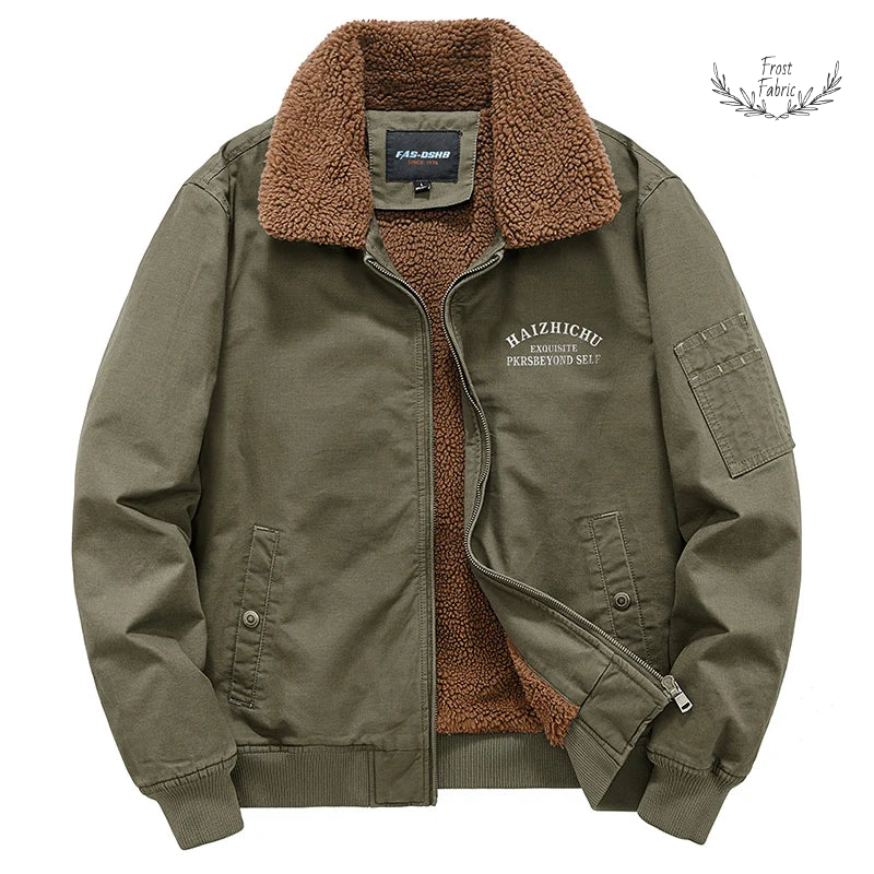 Cozy Olive Green Teddy Lined Bomber Jacket: Warm Winter Utility Outerwear