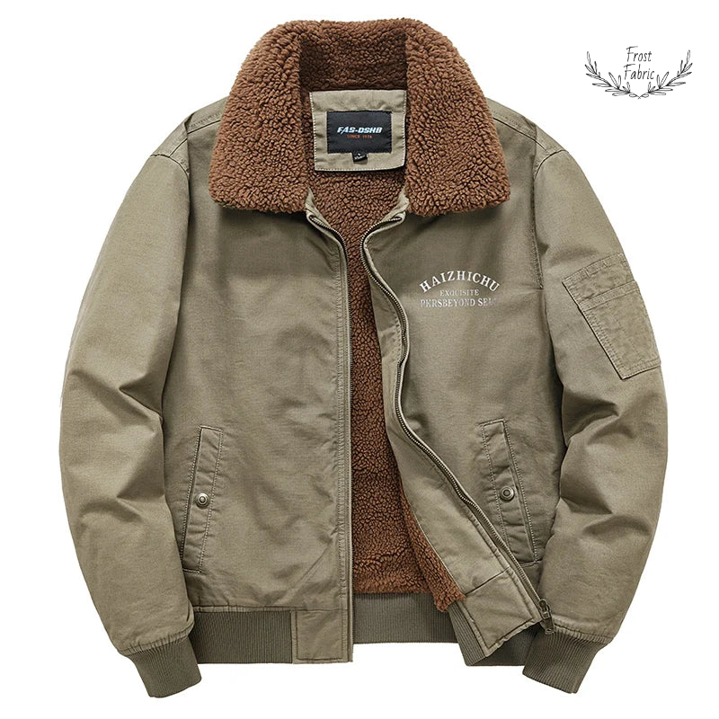 Cozy Olive Green Teddy Lined Bomber Jacket: Warm Winter Utility Outerwear