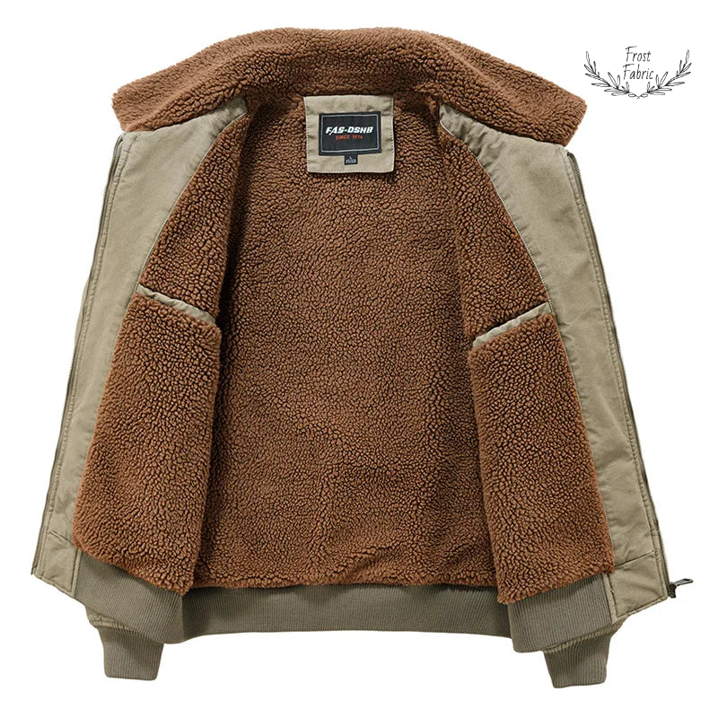 Cozy Olive Green Teddy Lined Bomber Jacket: Warm Winter Utility Outerwear