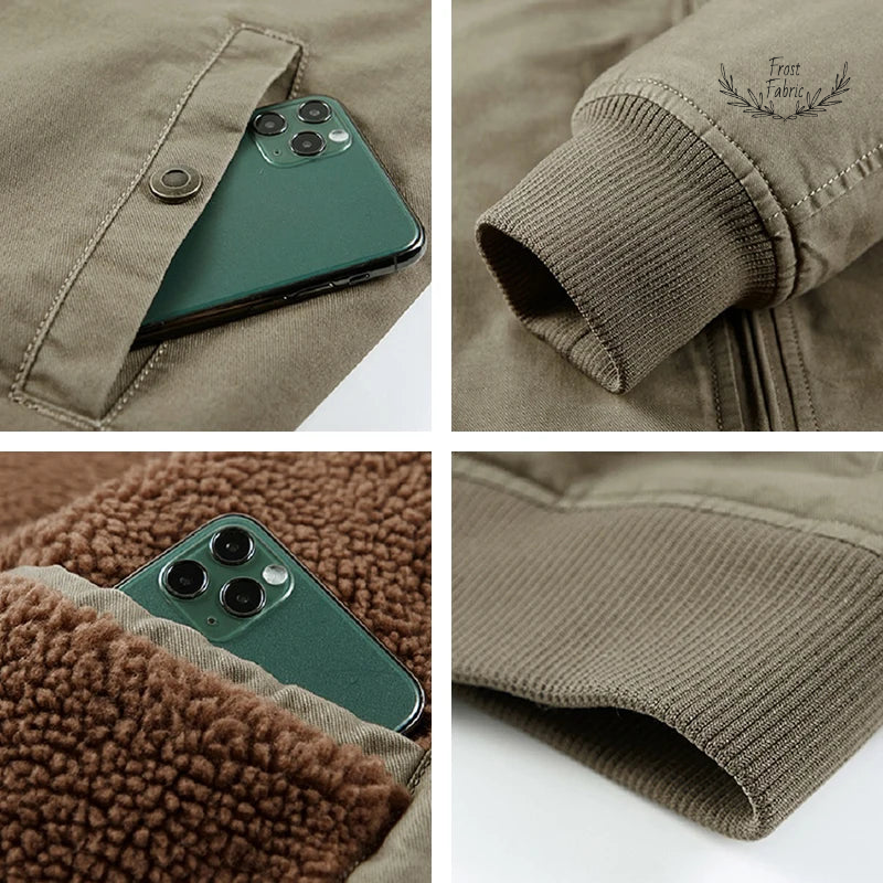 Cozy Olive Green Teddy Lined Bomber Jacket: Warm Winter Utility Outerwear