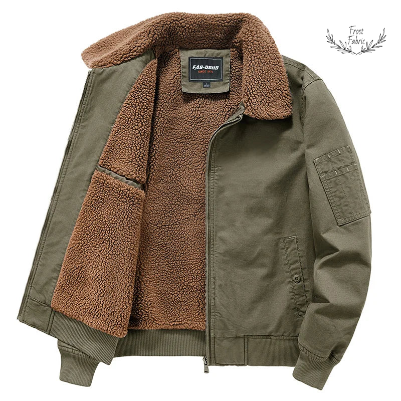 Cozy Olive Green Teddy Lined Bomber Jacket: Warm Winter Utility Outerwear