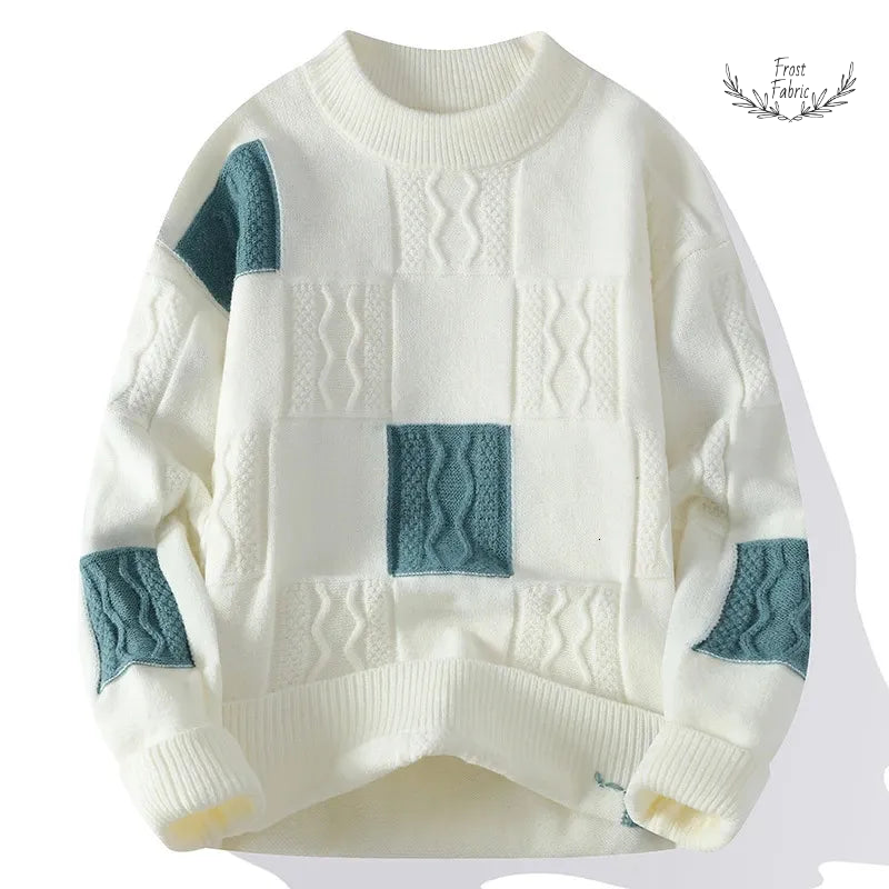Cozy Patchwork Textured Knit Sweater: Cream & Teal Unisex Winter Pullover