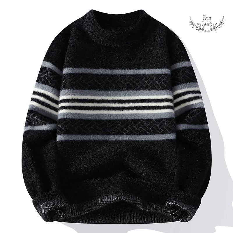 Cozy Striped Men's Wool Blend Pullover Sweater: Thick Knit Winter Fashion