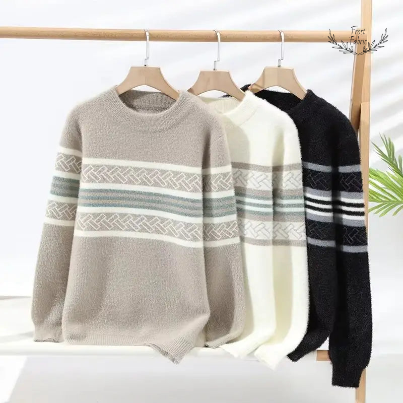 Cozy Striped Men's Wool Blend Pullover Sweater: Thick Knit Winter Fashion