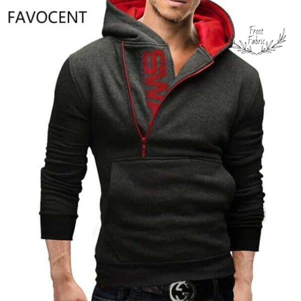 Men's Asymmetrical Zipper Hoodie: Slim Fit Streetwear Pullover, Contrast Hood