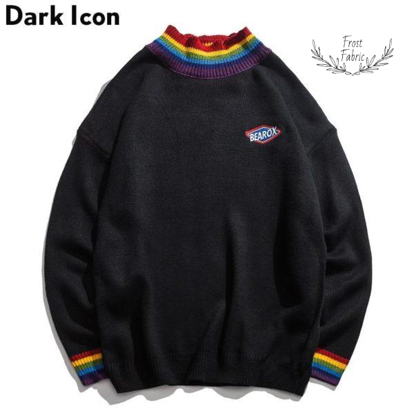 Men's BEAROX Embroidered Black Rainbow Trim Knit Streetwear Sweater
