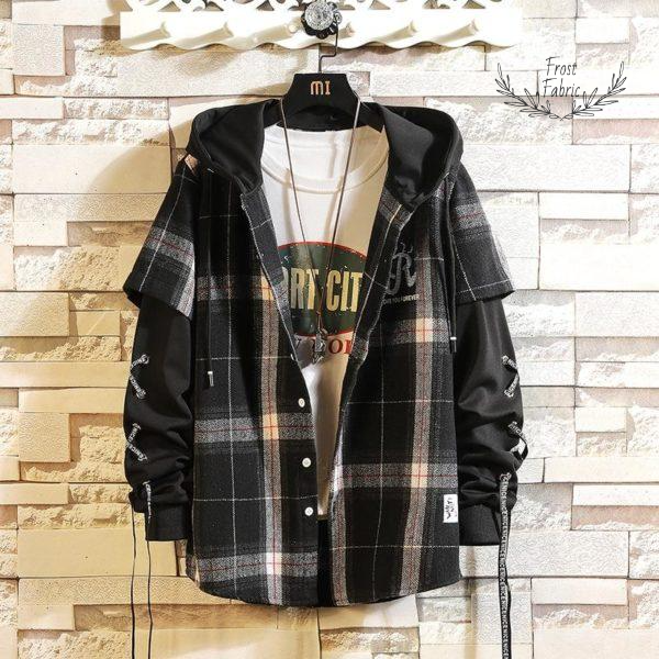 Men's Black Plaid Layered Hoodie Flannel Shirt Jacket with Lace-Up Sleeves