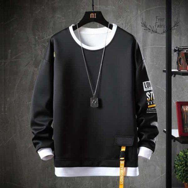 Men's Black Streetwear Crewneck Sweatshirt: Minimalist Design, Layered Cuffs, Yellow Strap