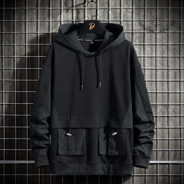 Men's Black Techwear Utility Pocket Hoodie - Modern Urban Streetwear Pullover