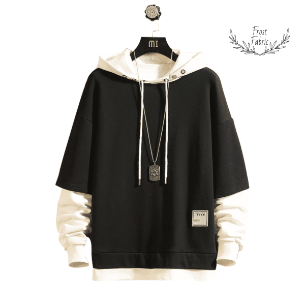 Men's Black White Layered Streetwear Hoodie - Oversized Pullover with Double Sleeves