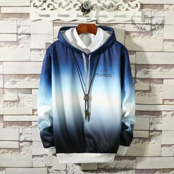 Men's Blue Gradient Ombre Hoodie: Casual Streetwear Pullover, White Contrast