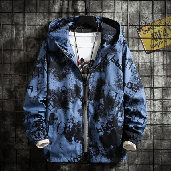 Men's Blue Graphic Windbreaker Jacket: Lightweight Hooded Urban Streetwear Coat