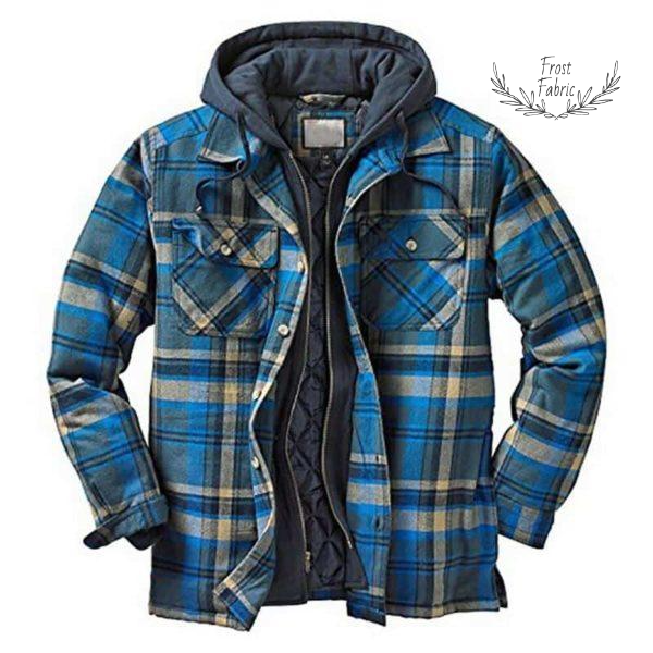 Men's Blue Plaid Fleece-Lined Hooded Shirt Jacket Warm Winter Streetwear