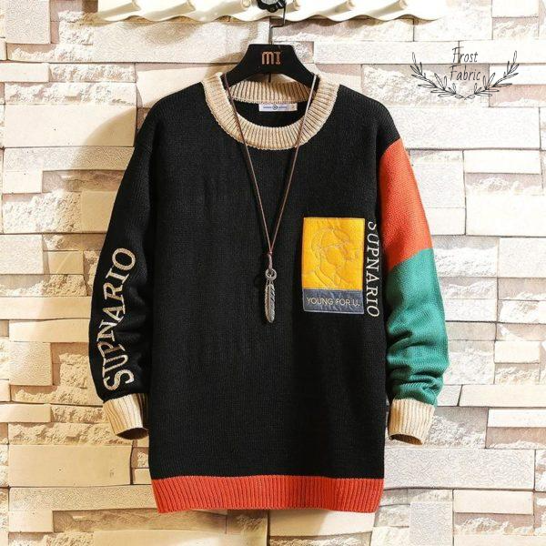Men's Bold Patchwork Colorblock Knit Sweater Warm Ribbed Streetwear Pullover