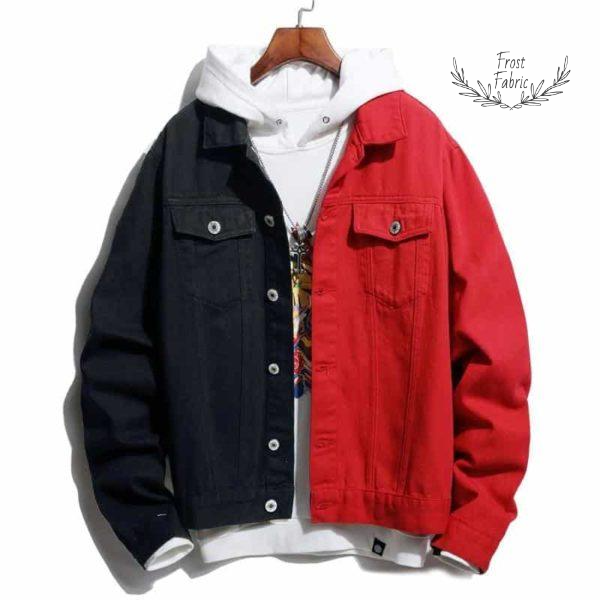 Men's Bold Two-Tone Black Red Denim Jacket: Ultimate Streetwear Statement Piece