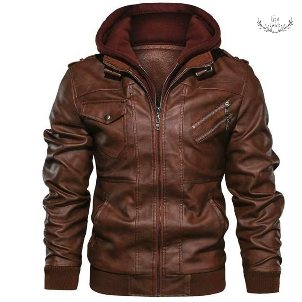 Men's Brown Faux Leather Moto Jacket with Detachable Hoodie, Biker Streetwear