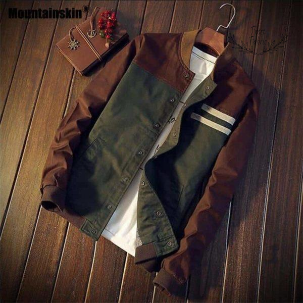 Men's Brown Green Varsity-Style Casual Jacket - Outdoor Streetwear Layer