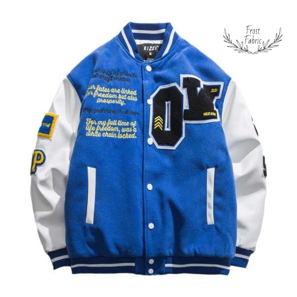 Men's Classic Blue White Varsity Letterman Jacket: Retro College Streetwear Coat
