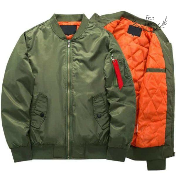 Men's Classic MA-1 Bomber Jacket: Army Green, Orange Quilted Lining