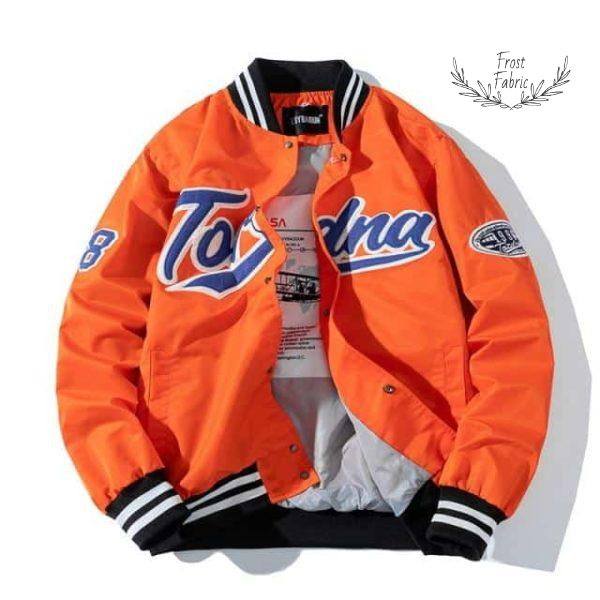 Men's Classic Retro Varsity Jacket: Orange Baseball Letterman, Embroidered Patches