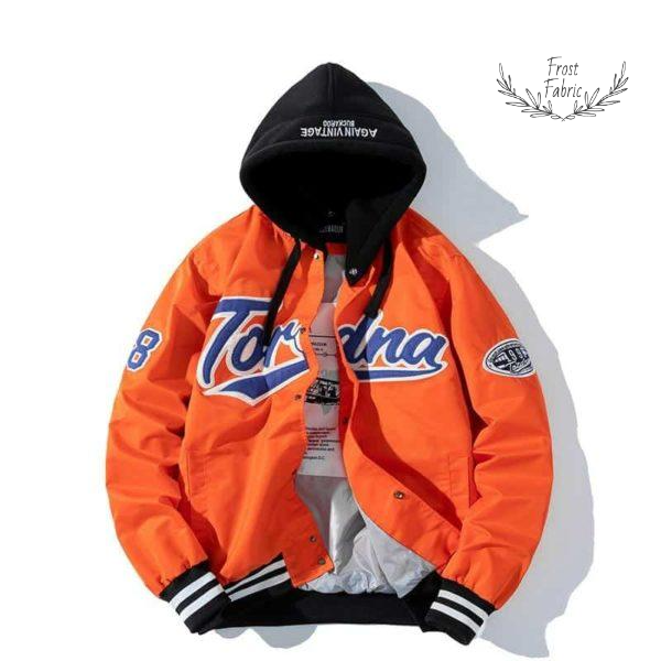 Men's Classic Retro Varsity Jacket: Orange Baseball Letterman, Embroidered Patches