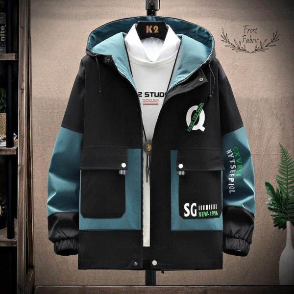 Men's Color-Block Hooded Streetwear Jacket: Black & Teal Casual Windbreaker
