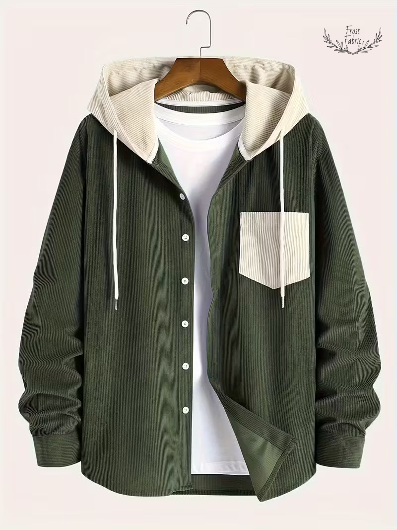 Frost & Fabric Men's Corduroy Textured Hooded Zip Jacket 鈥 Stylish All-Season Outerwear