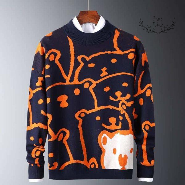 Men's Cozy Cartoon Bear Graphic Knitted Sweater – Warm Streetwear Pullover