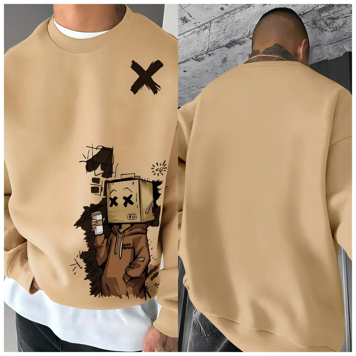 Men's Cozy Cartoon Letter Print Long Sleeve Urban Pullover Sweatshirt