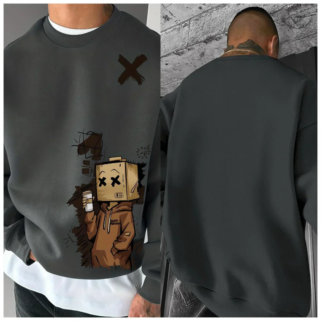 Men's Cozy Cartoon Letter Print Long Sleeve Urban Pullover Sweatshirt