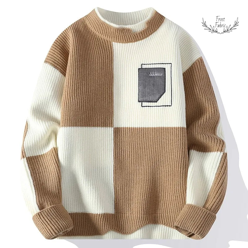 Men's Cozy Knitted O-Neck Pullover Sweater: Stylish Contrast Letter Warm Casual