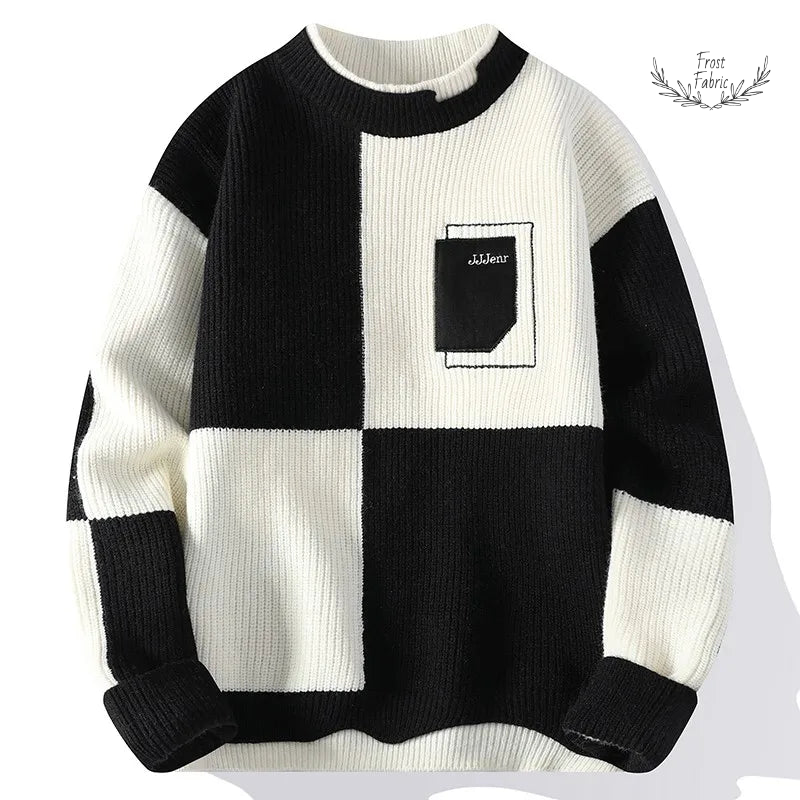 Men's Cozy Knitted O-Neck Pullover Sweater: Stylish Contrast Letter Warm Casual