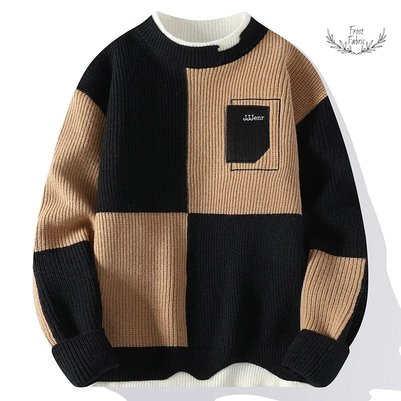 Men's Cozy Knitted O-Neck Pullover Sweater: Stylish Contrast Letter Warm Casual