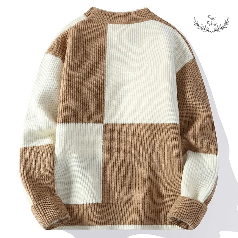 Men's Cozy Knitted O-Neck Pullover Sweater: Stylish Contrast Letter Warm Casual