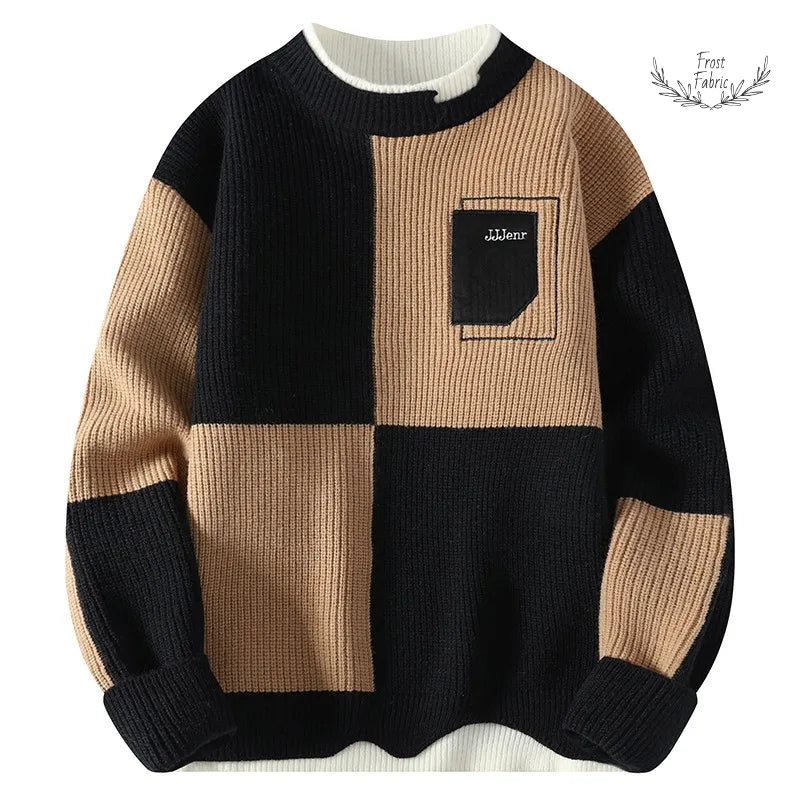 Men's Cozy Knitted O-Neck Pullover Sweater: Stylish Contrast Letter Warm Casual