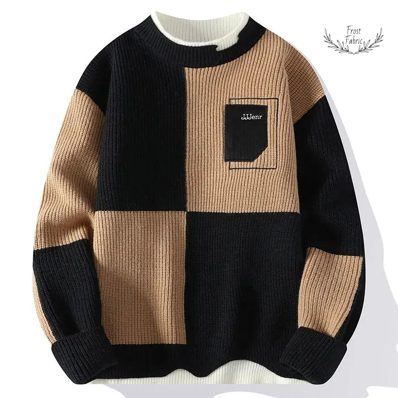 Men's Cozy Knitted O-Neck Pullover Sweater: Stylish Contrast Letter Warm Casual
