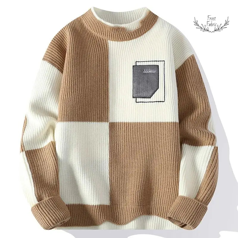 Men's Cozy Knitted O-Neck Pullover Sweater: Stylish Contrast Letter Warm Casual