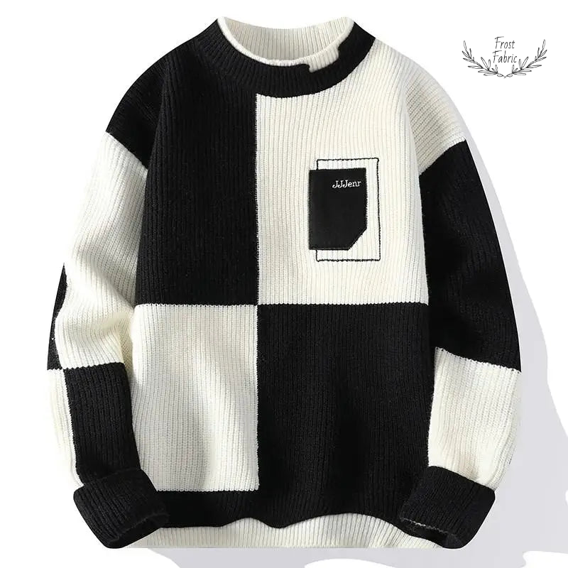 Men's Cozy Knitted O-Neck Pullover Sweater: Stylish Contrast Letter Warm Casual