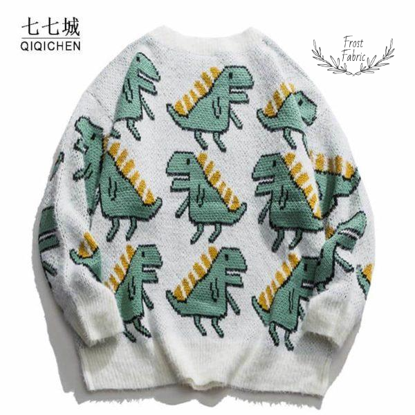 Men's Cozy Retro Cartoon Dinosaur Knit Sweater Pullover - Streetwear Style
