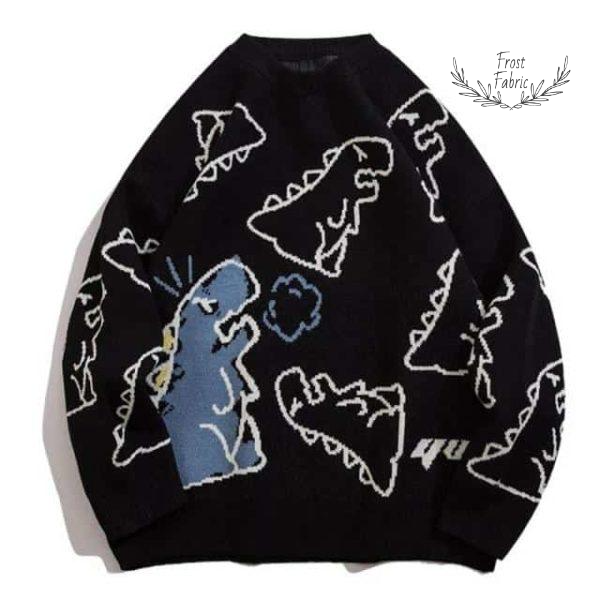 Men's Cozy Retro Cartoon Dinosaur Knit Sweater Pullover - Streetwear Style