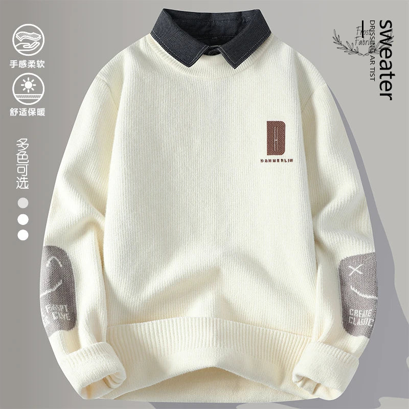 Men's Cozy Winter Knit Sweater: Fake Two-Piece Layered Streetwear Pullover for Warmth