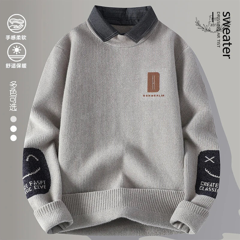 Men's Cozy Winter Knit Sweater: Fake Two-Piece Layered Streetwear Pullover for Warmth