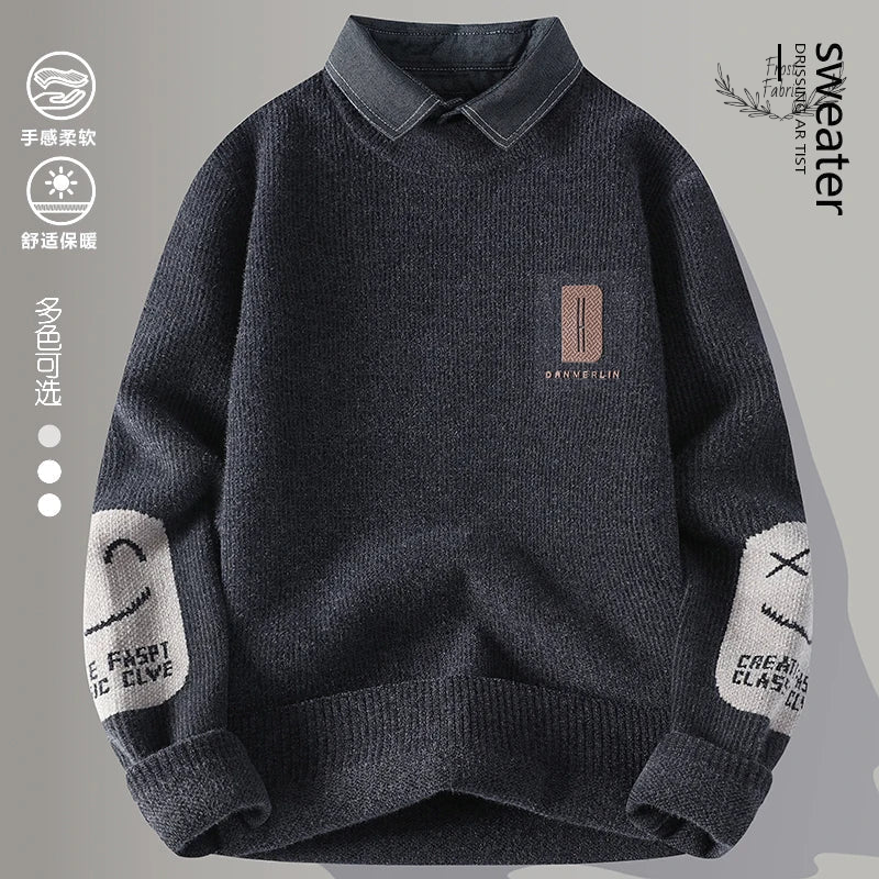 Men's Cozy Winter Knit Sweater: Fake Two-Piece Layered Streetwear Pullover for Warmth